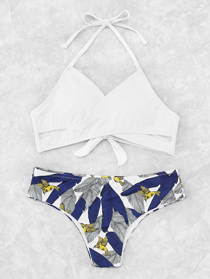 Romwe Palm Print Wrap Tie Back Bikini Set