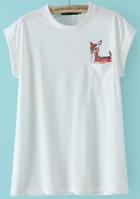 Romwe White Short Sleeve Deer Print Pocket T-shirt