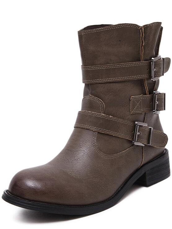 Romwe Khaki Round Toe Buckle Strap Boots