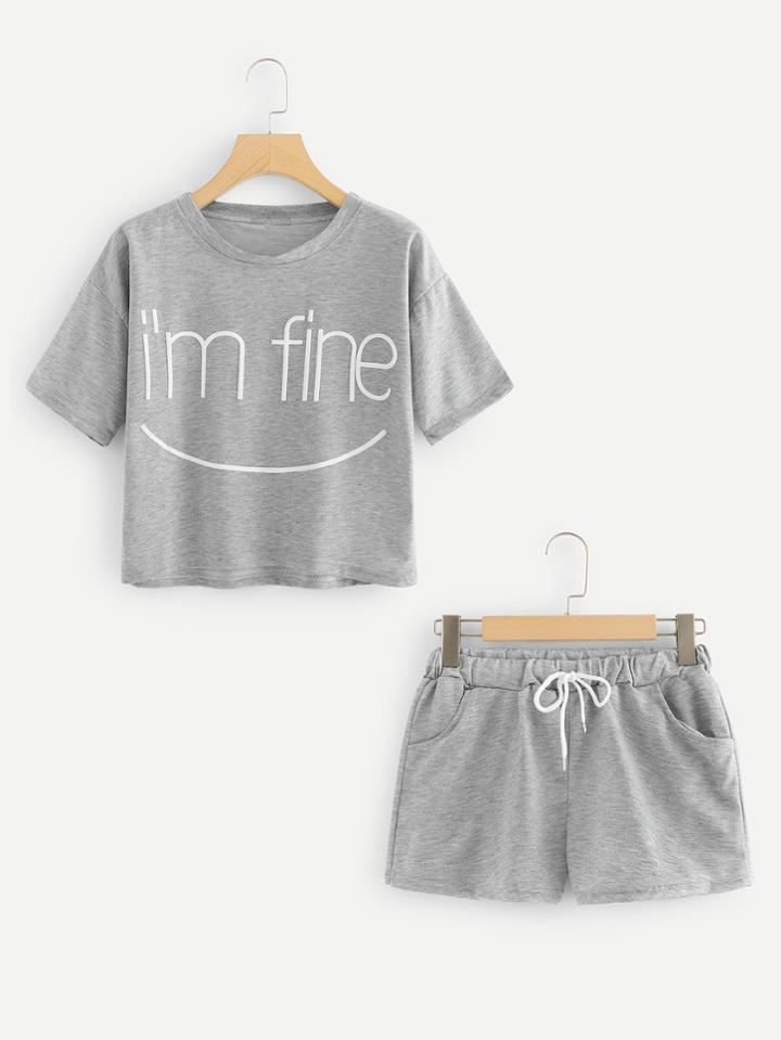Romwe Drop Shoulder Slogan Print Tee With Shorts