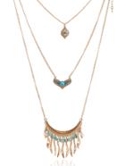 Romwe Turquoise Detail Fringe Pendant Layered Necklace