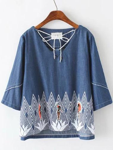 Romwe Dark Blue Self Tie Embroidery Blouse