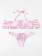 Romwe Striped Off The Shoulder Bikini Set With Detachable Strap