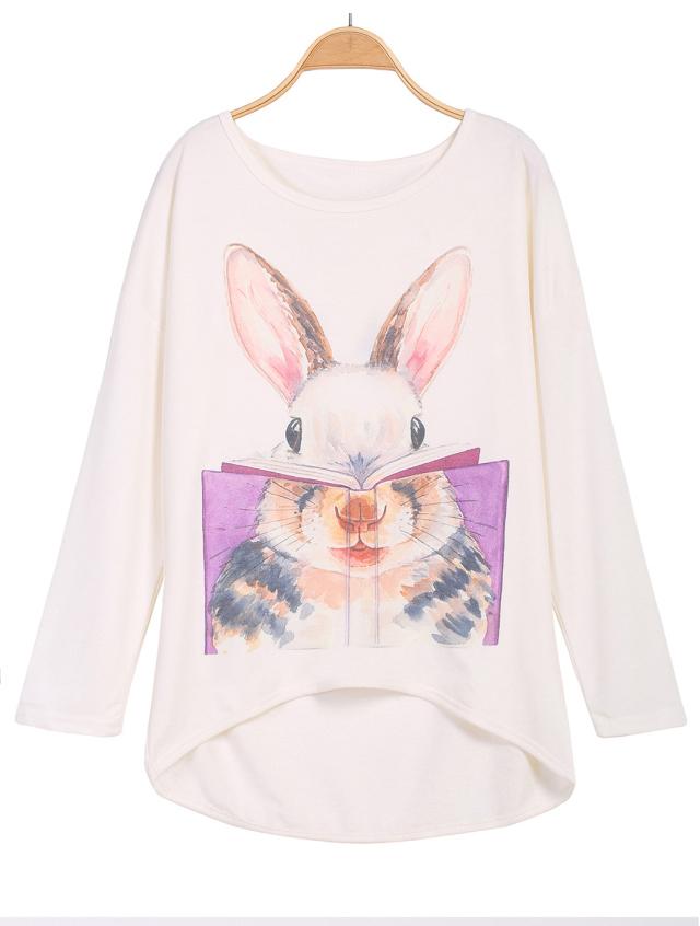 Romwe Rabbit Print Dipped Hem Beige Blouse