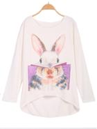 Romwe Rabbit Print Dipped Hem Beige Blouse