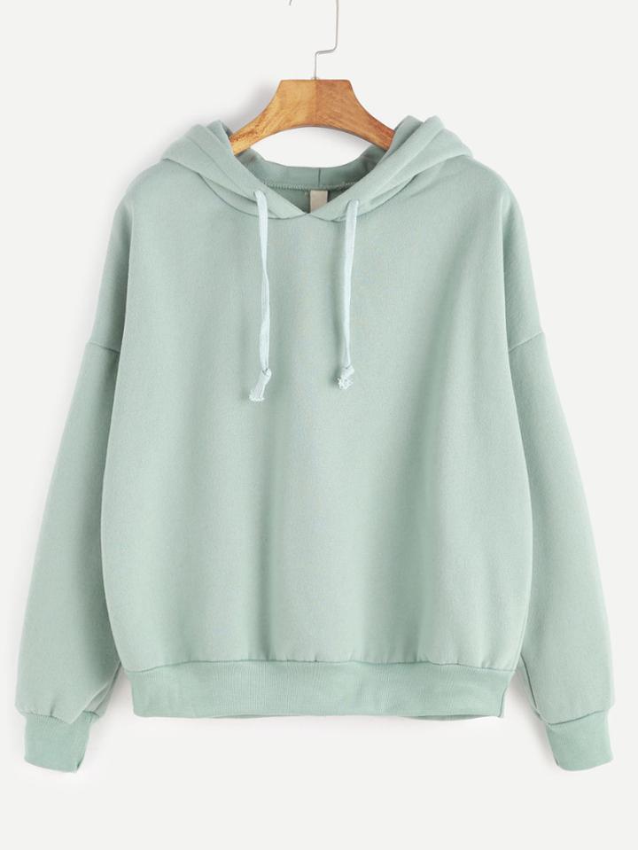 Romwe Pale Green Dropped Shoulder Seam Drawstring Hooded Sweatshirt