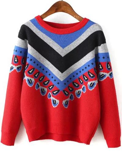 Romwe Women Vintage Print Red Sweater