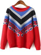 Romwe Women Vintage Print Red Sweater