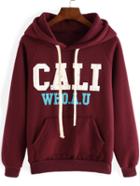 Romwe Hooded Letters Print Maroon Sweatshirt