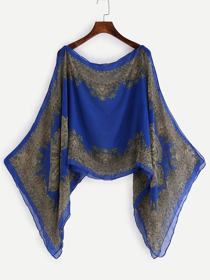 Romwe Vintage Print Bat Sleeve Chiffon Top
