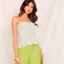 Romwe Ruffle Trim Shirred Peplum Polka Dot Tube Top