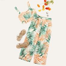 Romwe Leaf Print Ruffle Hem Cami Top With Pants