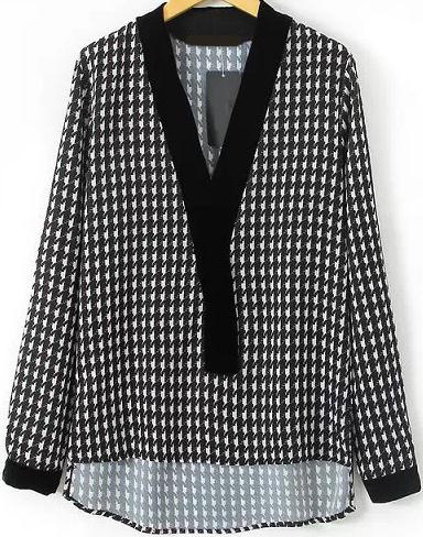 Romwe V Neck Houndstooth Dipped Hem Blouse