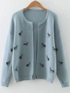 Romwe Blue Horse Embroidery Drop Shoulder Cardigan