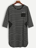 Romwe Black White Striped Contrast Studded Patch Tee Dress