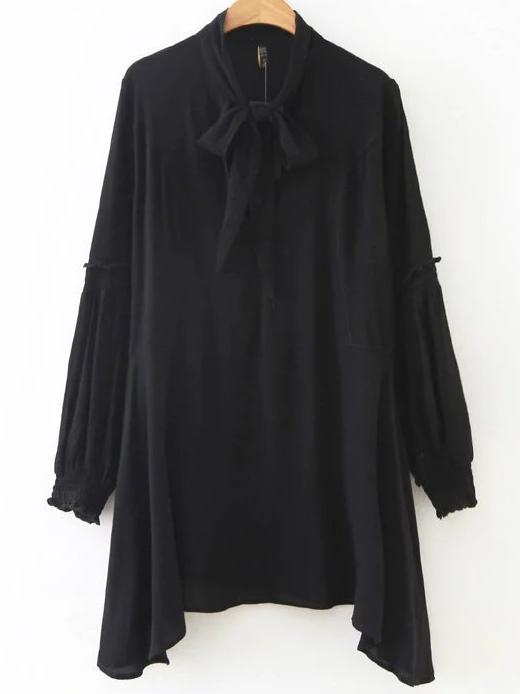 Romwe Black Tie Neck Long Sleeve Asymmetrical Hem Dress