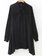 Romwe Black Tie Neck Long Sleeve Asymmetrical Hem Dress