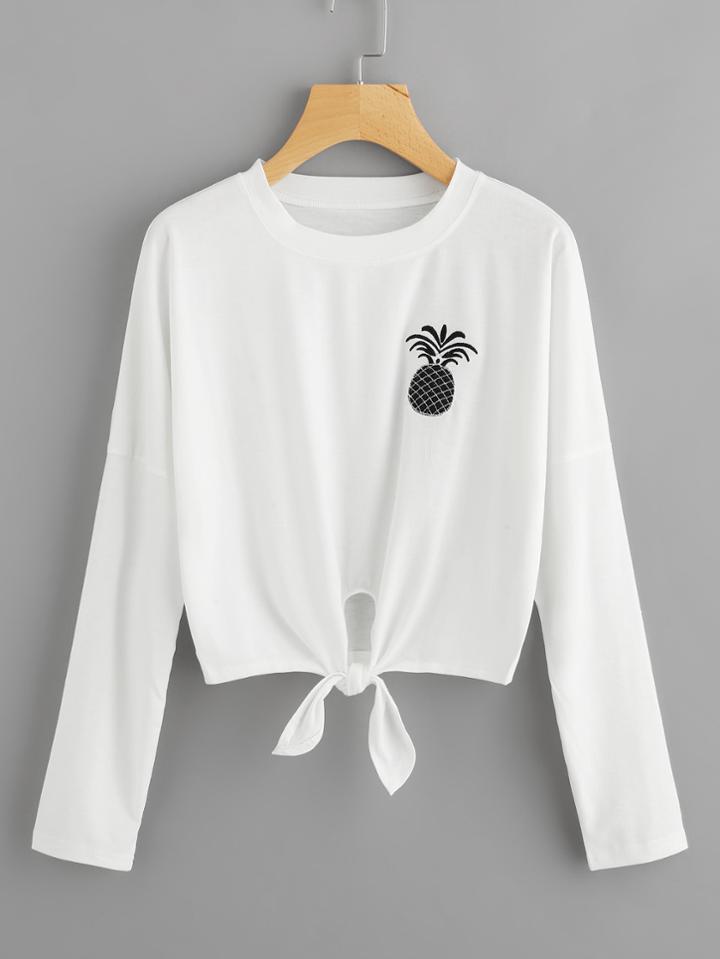 Romwe Pineapple Embroidered Knot Front T-shirt