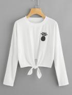 Romwe Pineapple Embroidered Knot Front T-shirt