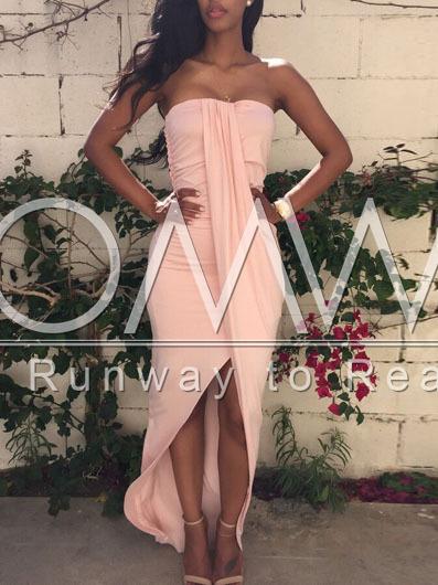 Romwe Pink Strapless Asymmetric Dress
