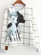 Romwe Deer Print Plaid White Sweatshirt