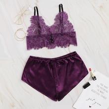 Romwe Eyelash Floral Lace Bralette With Satin Shorts