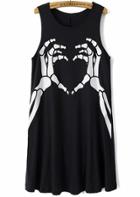 Romwe Black Sleeveless Skeleton Hand Print Dress
