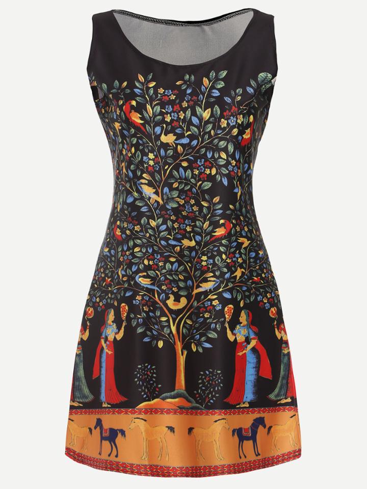 Romwe Black Painting Print A Line Dress