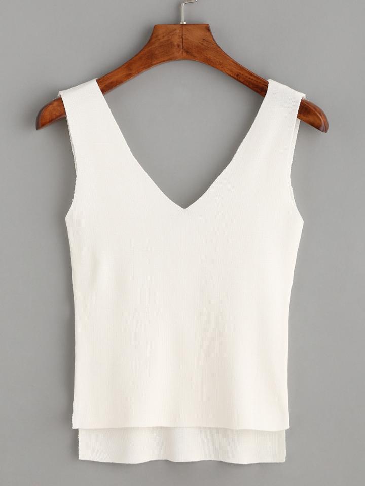 Romwe White V Neck Dip Hem Knit Vest