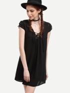 Romwe Black Hollow Out Eyelet Lace Up Dress