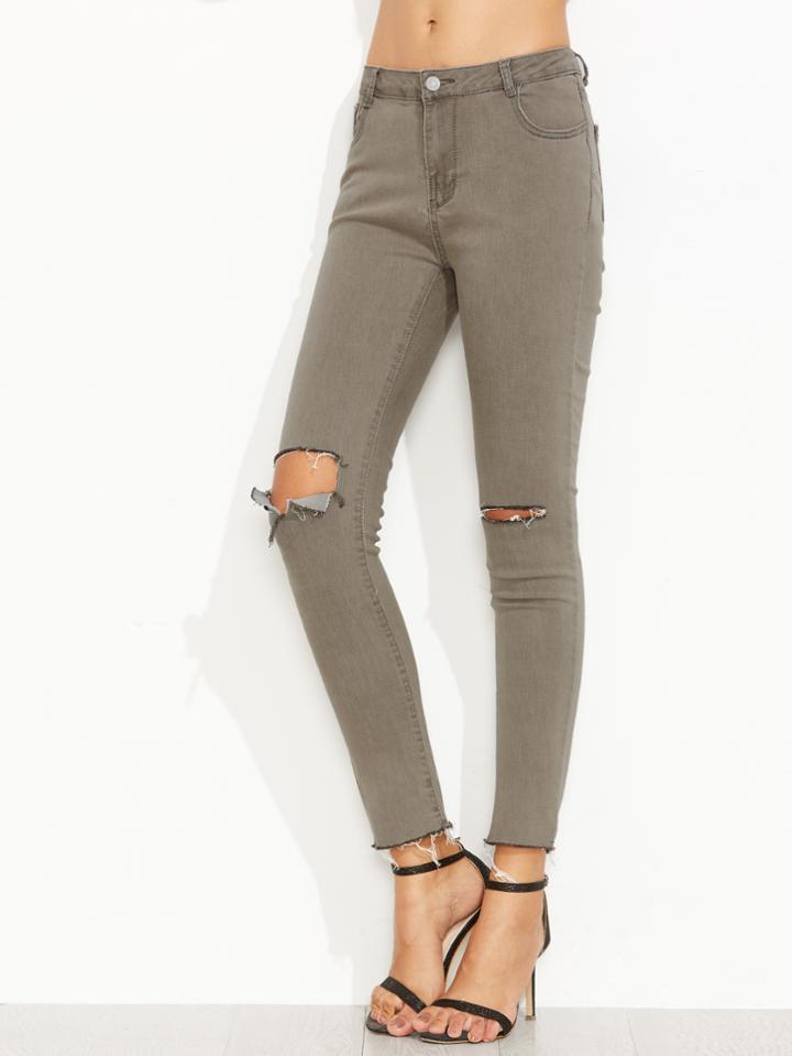 Romwe Grey Ripped Raw Hem Ankle Denim Jeans
