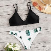 Romwe Plunge V Neck Top With Random Leaf Print Bikini Set