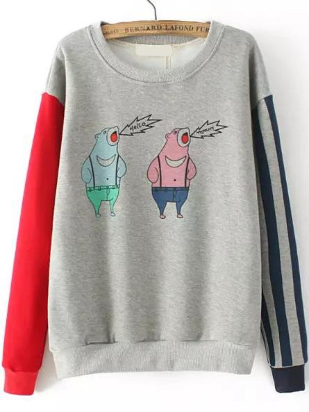 Romwe Bear Print Vertical Striped Grey Sweatshirt