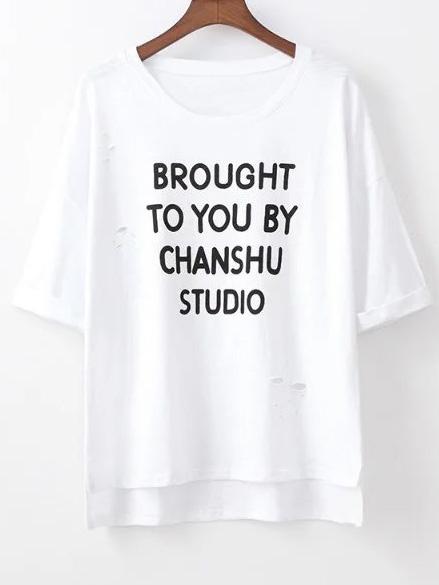 Romwe White Short Sleeve Letters Print Hole T-shirt