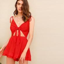 Romwe Knot Shoulder Peekaboo Tie Front Shirred Back Romper