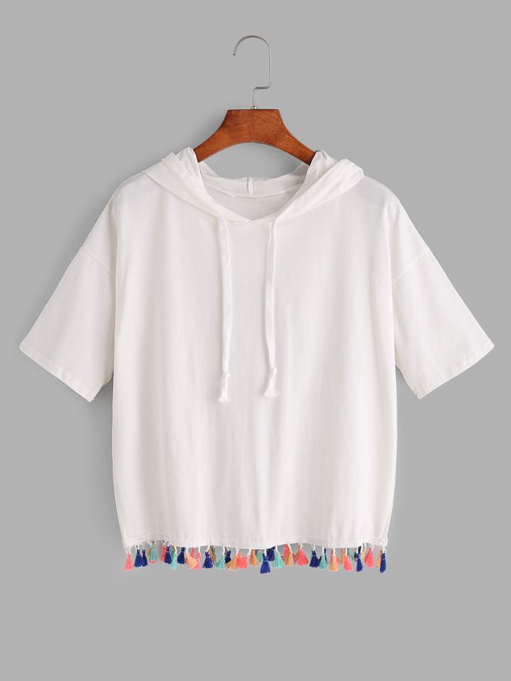 Romwe White Tassel Trim Hooded T-shirt