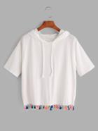Romwe White Tassel Trim Hooded T-shirt