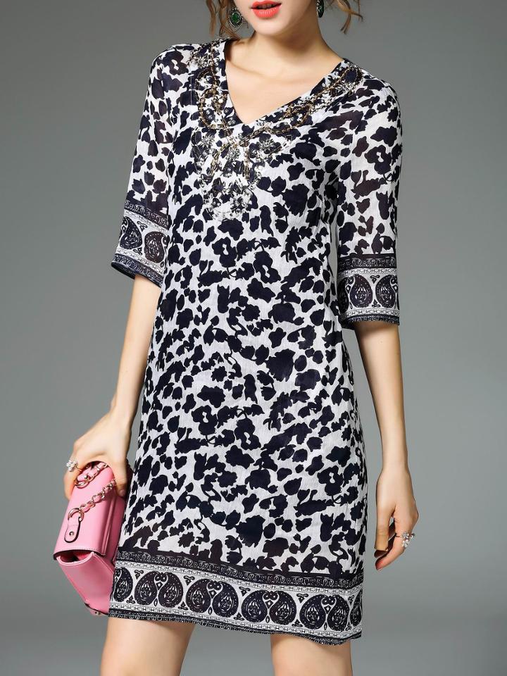 Romwe Navy V Neck Beading Print Dress