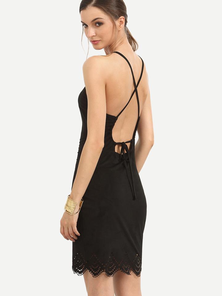 Romwe Black Tie Crisscross Back Sleeveless Scallop Hem Dress