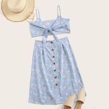 Romwe Ditsy Floral Button & Tie Front Cami Top With Skirt