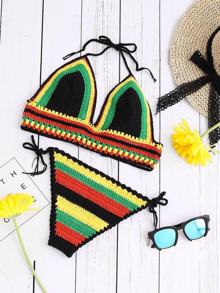 Romwe Self Tie Striped Crochet Halter Bikini Set
