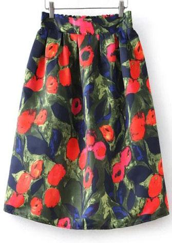 Romwe Green Floral Print Puff Skirt