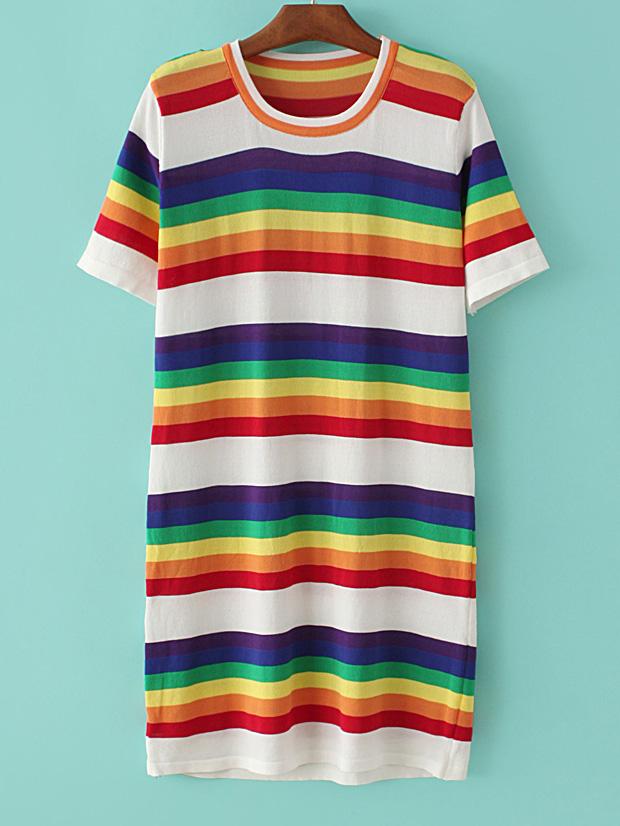 Romwe Red Round Neck Stripe Shift Dress