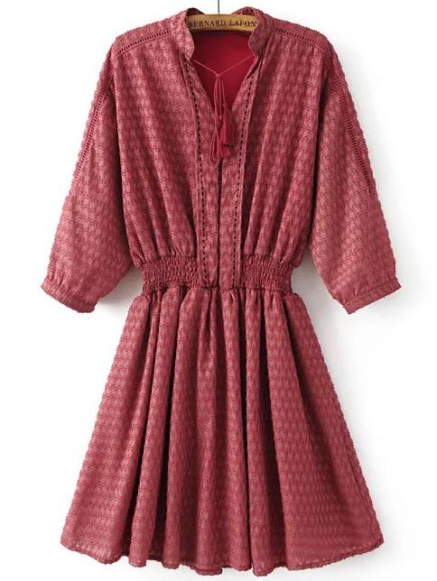 Romwe Red Tassel Tie Three Quarter Sleeve Elastic Waist Dress