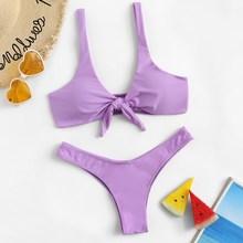 Romwe Tie Front Top With Ruched High Leg Bikini