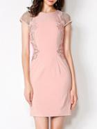 Romwe Apricot Round Neck Cap Sleeve Embroidered Bodycon Dress