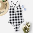 Romwe Lace Up Open Back Plaid Plunging Swimsuit