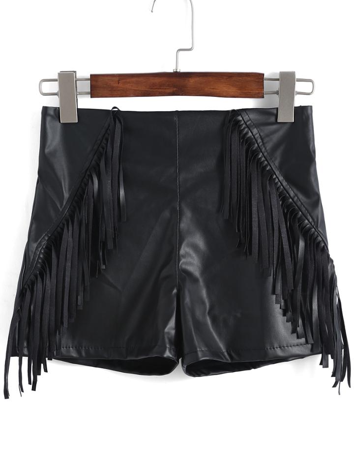 Romwe Elastic Waist Fringe Pu Shorts
