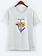 Romwe Tiger Print Grey Striped T-shirt