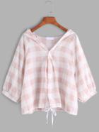 Romwe Pink Hooded Checked Lace Up Blouse